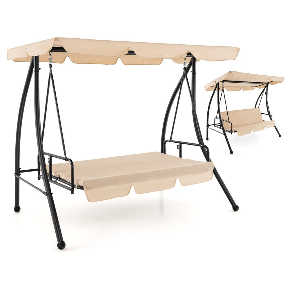 Convertible 2-seat outdoor swing chair in beige with adjustable canopy, suitable for garden and backyard relaxation.