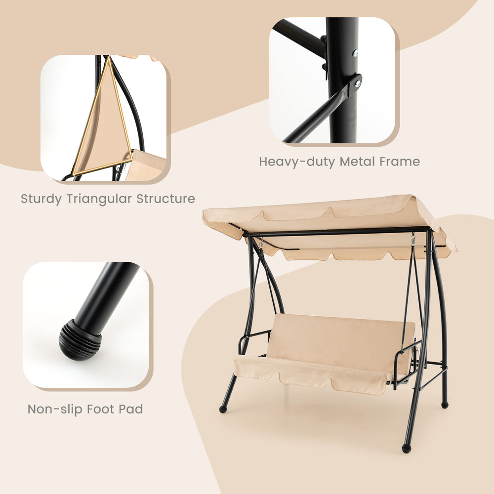 Sturdy triangular structure of the 2-seat outdoor convertible swing chair with adjustable canopy for garden use.