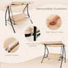 Convertible 2-seat outdoor swing chair in beige with removable cushions and adjustable canopy for garden relaxation.