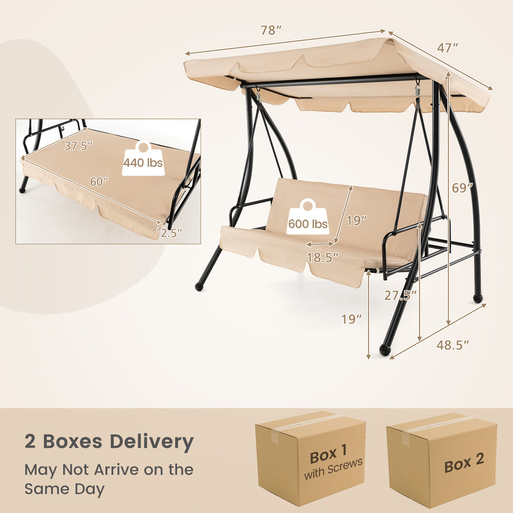Convertible 2-seat outdoor swing chair with beige canopy, 600 lbs capacity, ideal for garden or backyard relaxation.