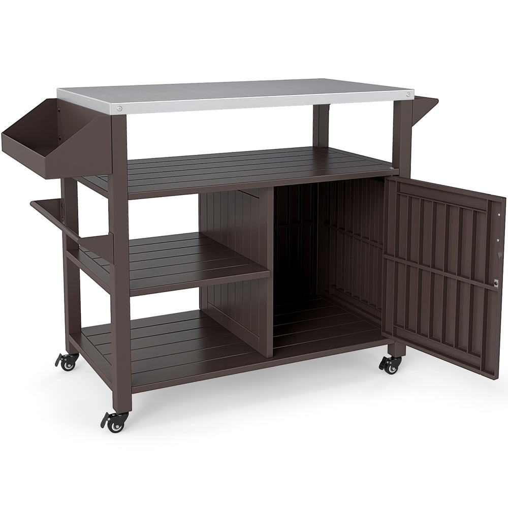 Outdoor grill cart with a stainless steel top, brown finish, featuring storage shelves and a cabinet for versatile use.
