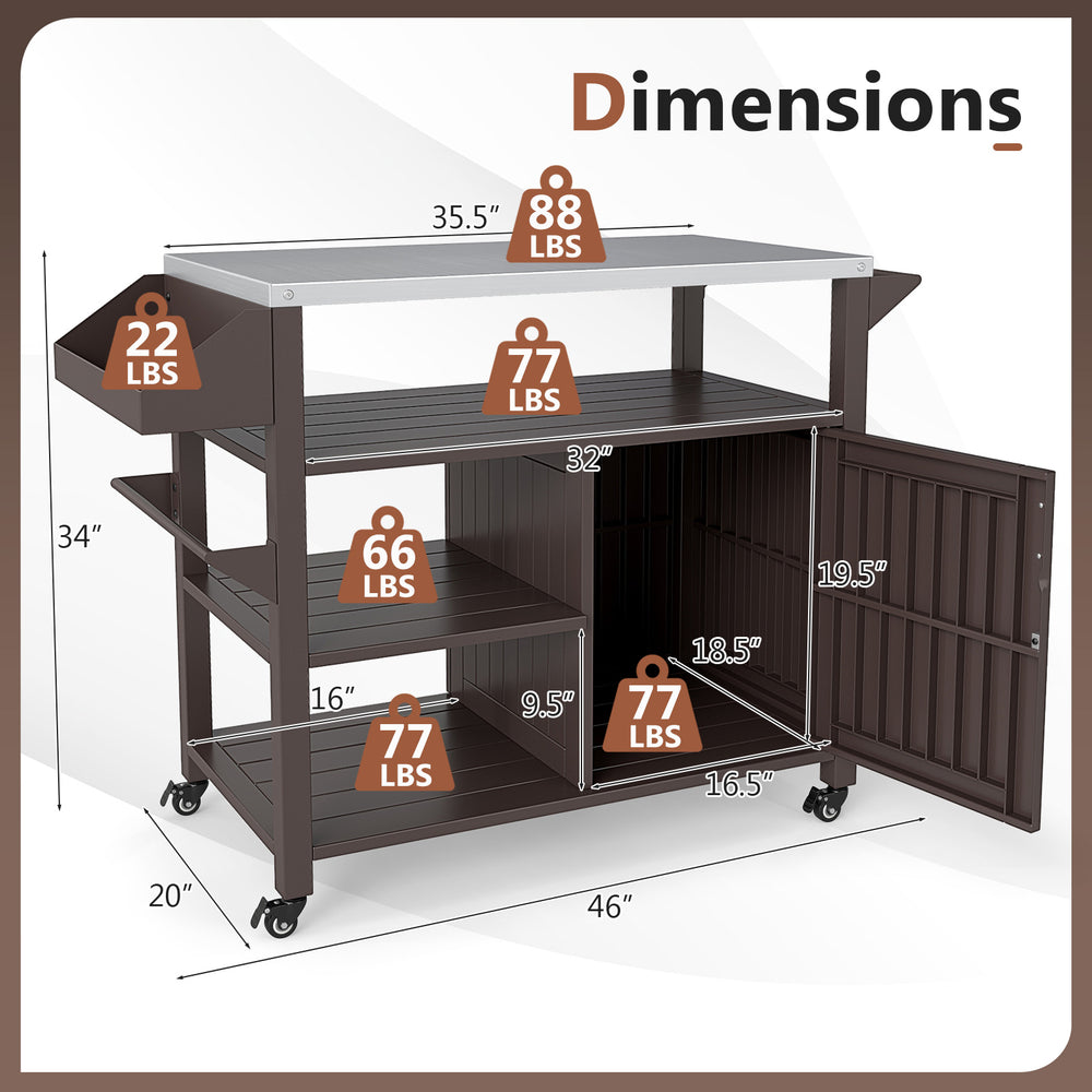 Outdoor grill cart with stainless steel top, featuring storage shelves and cabinet, ideal for indoor and outdoor use.
