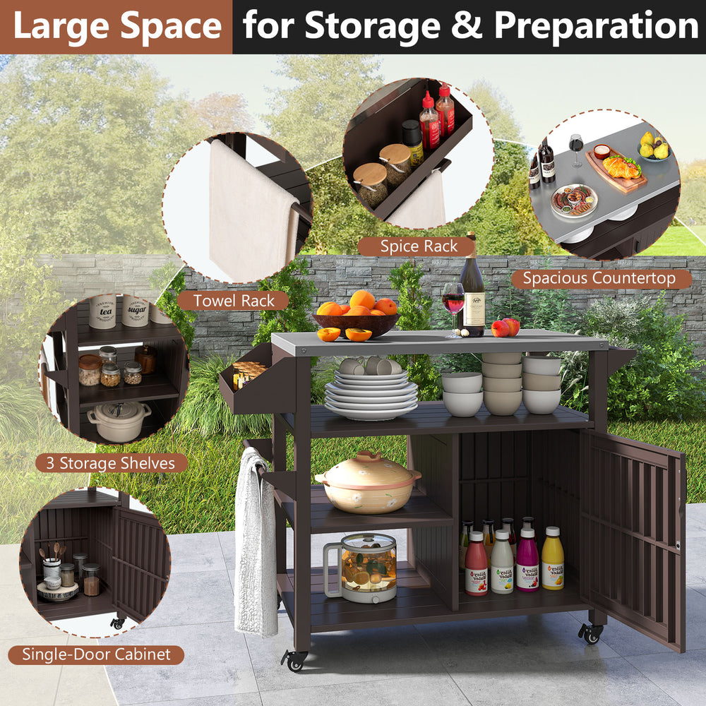 Outdoor grill cart with stainless steel top, storage cabinet, spice rack, and towel rack for versatile outdoor use.