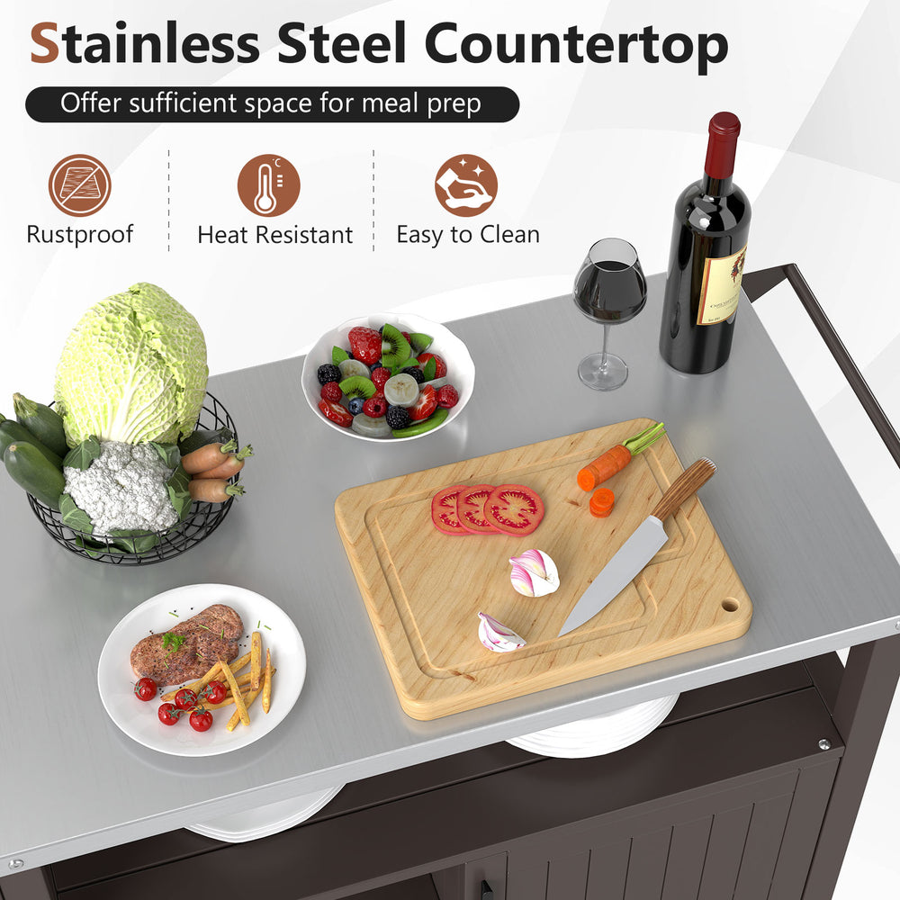 Stainless steel countertop of the outdoor grill cart, featuring ample space for meal prep and easy cleaning.