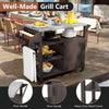 Outdoor grill cart with stainless steel top, storage shelves, and towel rack, perfect for indoor and outdoor use.