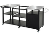 Outdoor grill cart with stainless steel tabletops, ample storage, and hooks, designed for easy mobility and outdoor cooking.