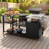 Outdoor grill cart with stainless steel tabletop, storage shelves, and hooks, perfect for BBQs and family gatherings.