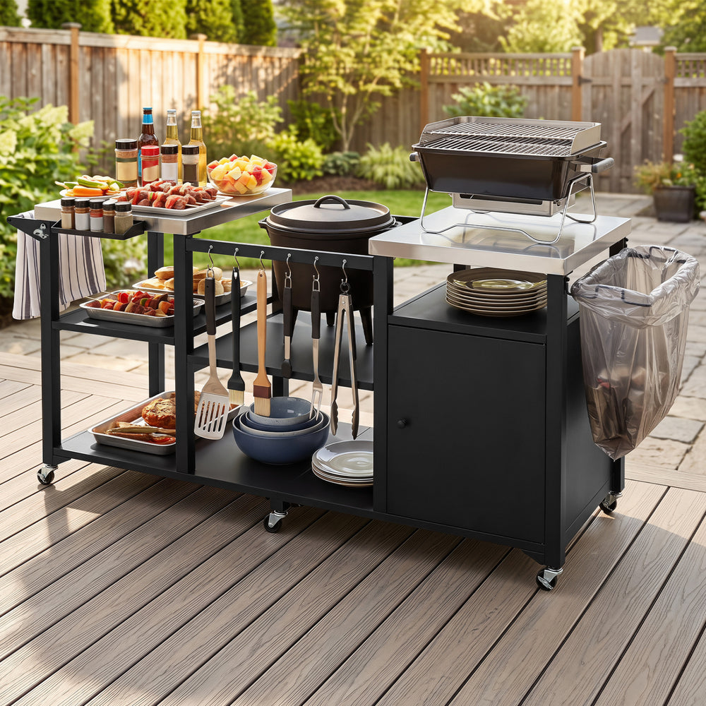 Outdoor grill cart with stainless steel tabletop, storage shelves, and hooks, perfect for BBQs and family gatherings.