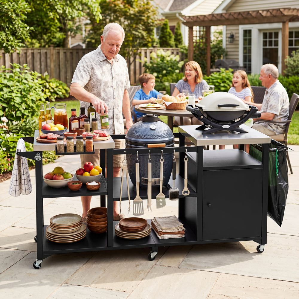 Outdoor grill cart with stainless steel tabletops, hooks, and ample storage for BBQ essentials, perfect for family gatherings.