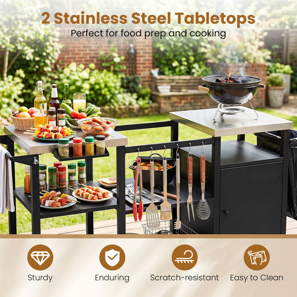 Outdoor grill cart with black stainless steel tabletops, featuring storage hooks and a central grill pot station for BBQs.