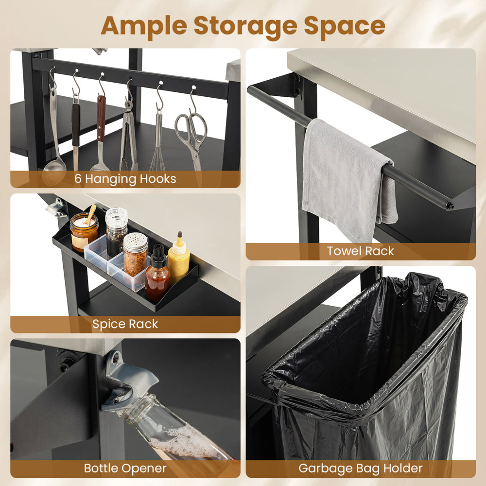 Outdoor grill cart with stainless steel tabletop, featuring 6 hooks, spice rack, towel rack, and garbage bag holder for convenience.