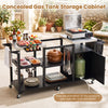 Outdoor grill cart with stainless steel tabletops, storage shelves, and concealed gas tank cabinet for BBQ gatherings.