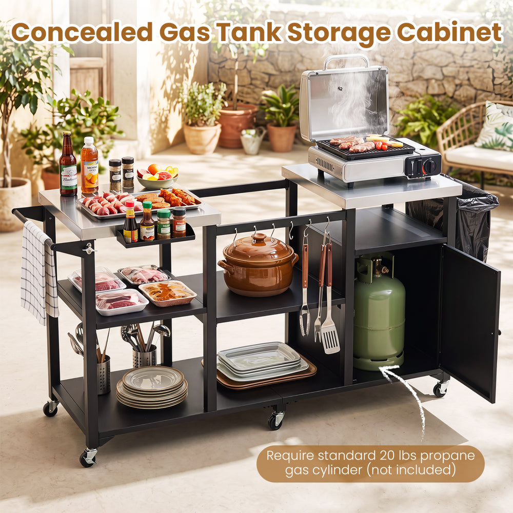 Outdoor grill cart with stainless steel tabletops, storage shelves, and concealed gas tank cabinet for BBQ gatherings.