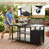 Portable outdoor grill cart with stainless steel tabletops, hooks, and wheels for easy movement and outdoor cooking convenience.