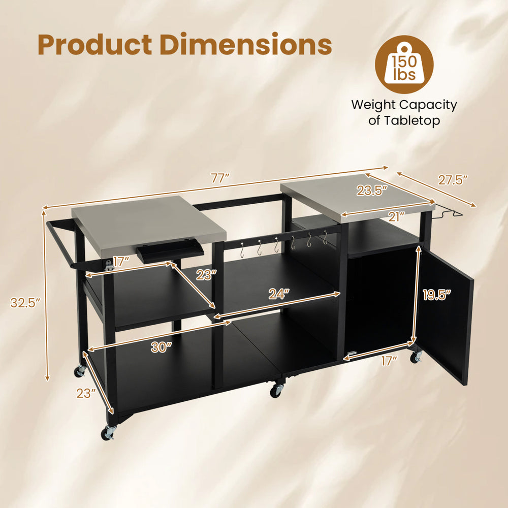 Outdoor grill cart with stainless steel tabletops, storage shelves, and hooks, designed for easy outdoor cooking and mobility.