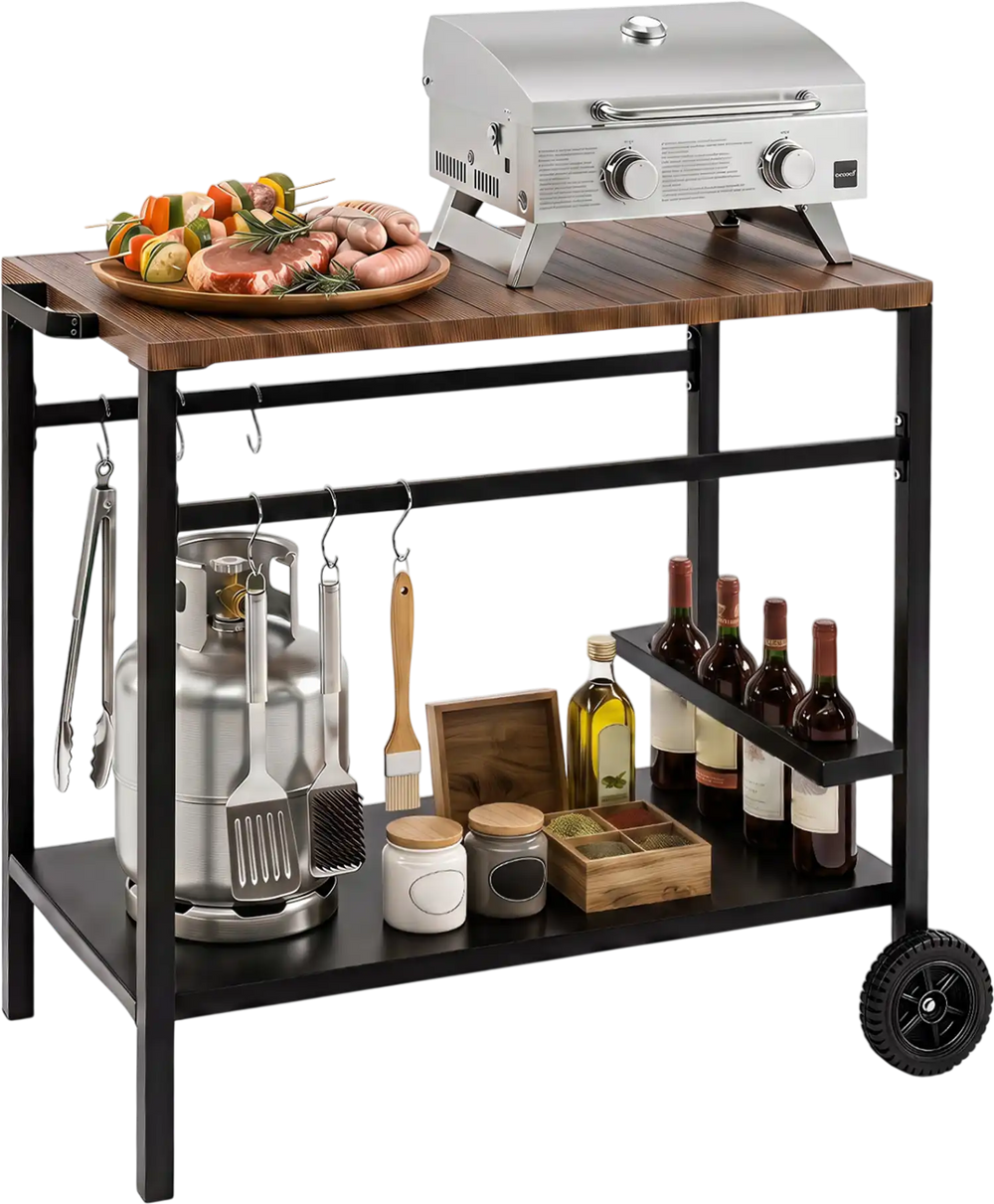Outdoor grill cart showcasing a sturdy frame, enclosed storage, and handy hooks, perfect for outdoor cooking preparation.