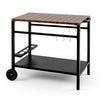 Outdoor grill cart with a stainless top, spice rack, and hooks, designed for efficient outdoor cooking and organization.
