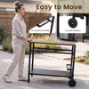 Outdoor grill cart with a stainless top, spice rack, and hooks, designed for easy movement and organization in the patio.