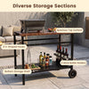 Outdoor grill cart with a stainless top, spice rack, and hooks, featuring a spacious surface and lockable wheels for stability.