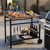 Outdoor grill cart with a stainless top, spice rack, and hooks for efficient prep and organization in patio settings.
