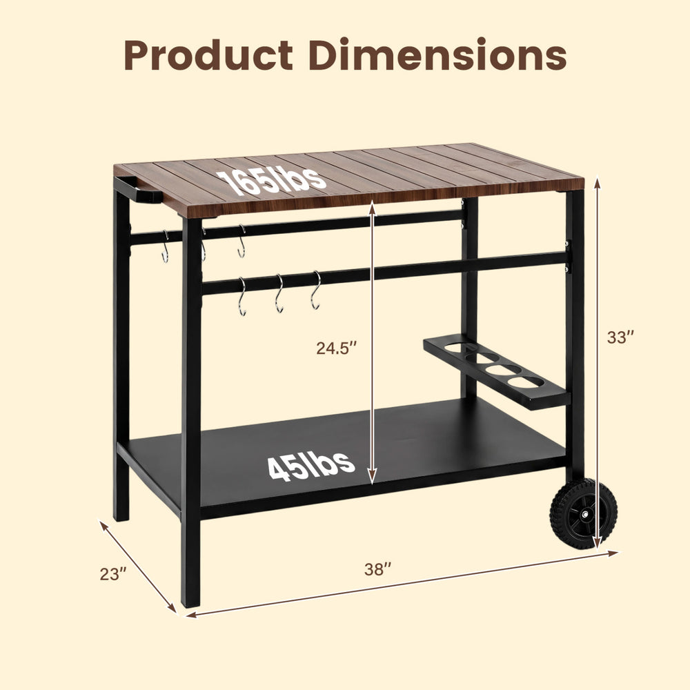 Outdoor grill cart featuring a stainless top, spice rack, and hooks, ideal for patio and garden use.