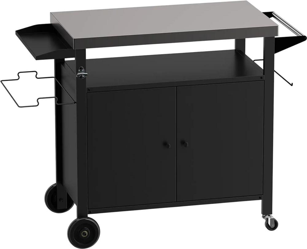 Outdoor grill cart with stainless steel top, 2-door cabinet, and wheels for easy mobility during BBQ camping.