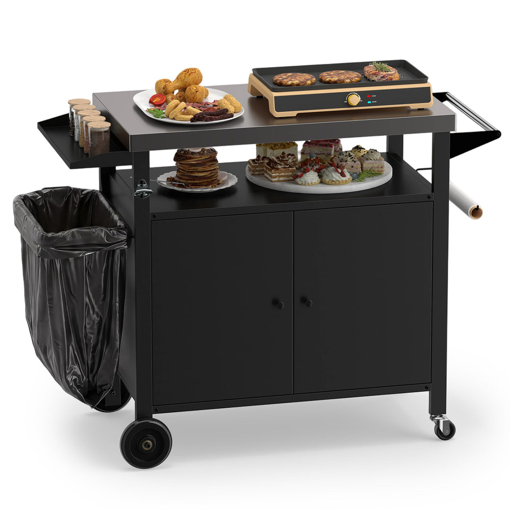 Outdoor grill cart with stainless steel top, spacious cabinet, and wheels for easy mobility, perfect for BBQ camping.