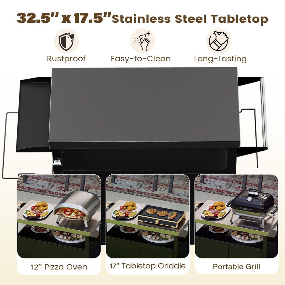 Spacious outdoor grill cart with a stainless steel top, featuring a large storage cabinet and convenient towel rack.
