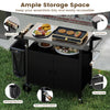 Outdoor grill cart with stainless steel top, 2-door cabinet, and spice caddy for organized BBQ cooking and storage.