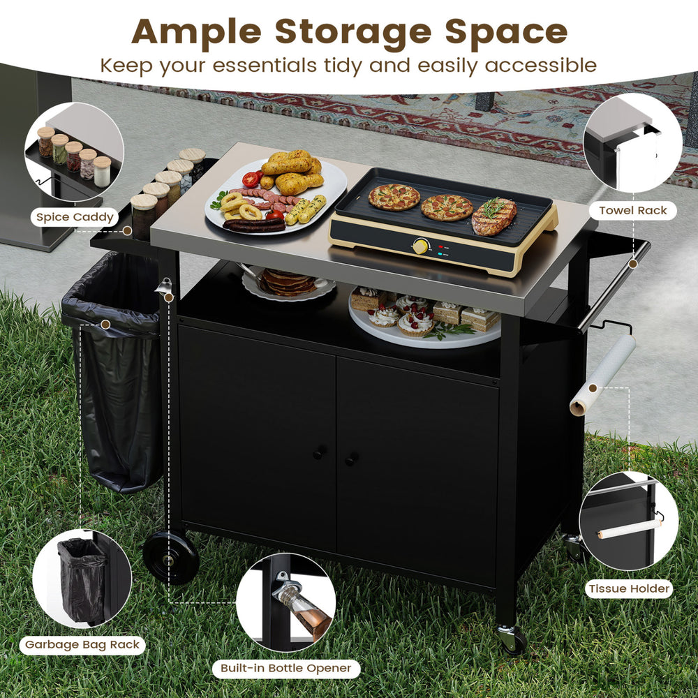 Outdoor grill cart with stainless steel top, 2-door cabinet, and spice caddy for organized BBQ cooking and storage.
