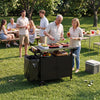 Outdoor grill cart with stainless steel top, 2-door cabinet, and spice caddy, perfect for BBQ camping and outdoor cooking.