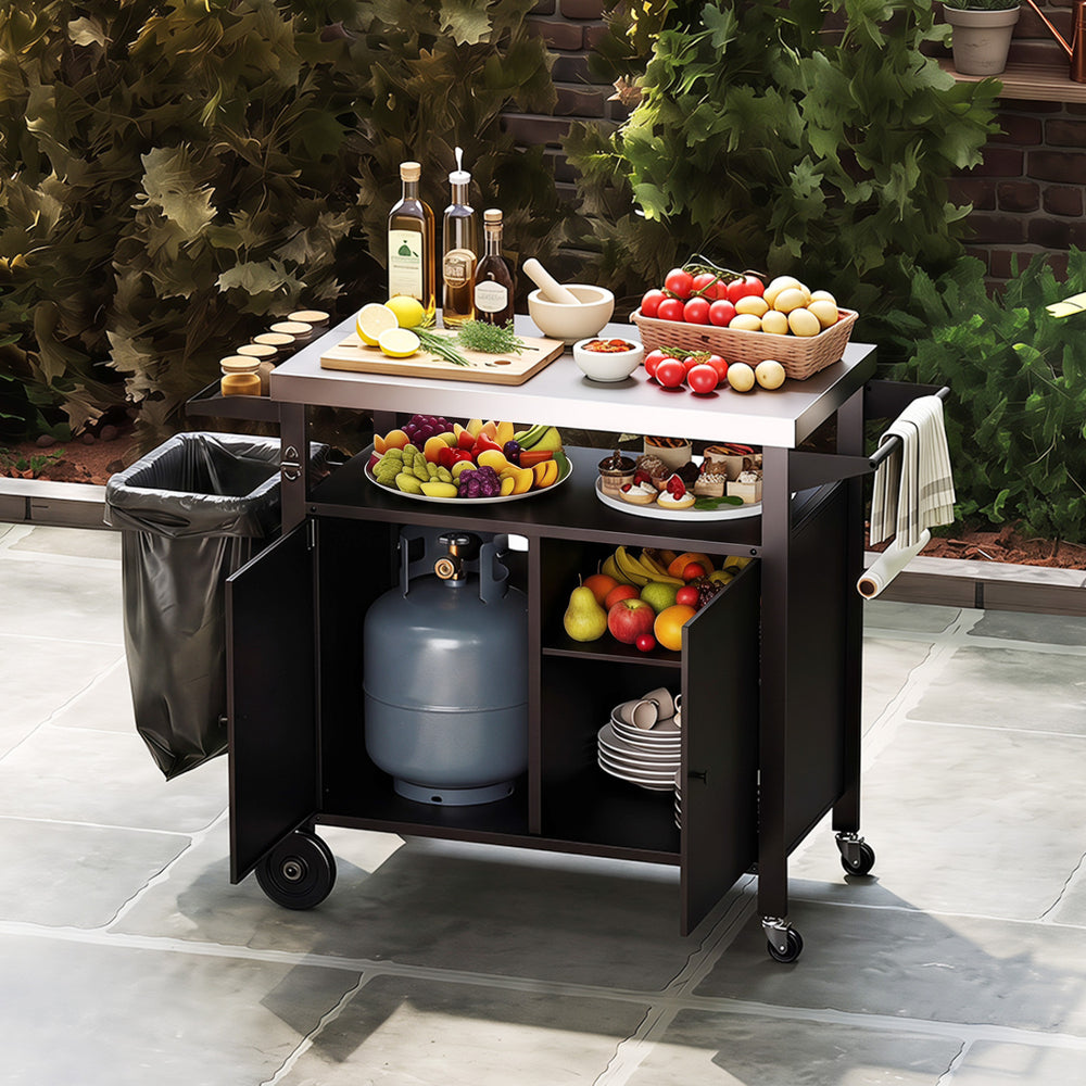 Outdoor grill cart with stainless steel top, spacious storage cabinet, and towel rack, perfect for BBQ camping and outdoor cooking.