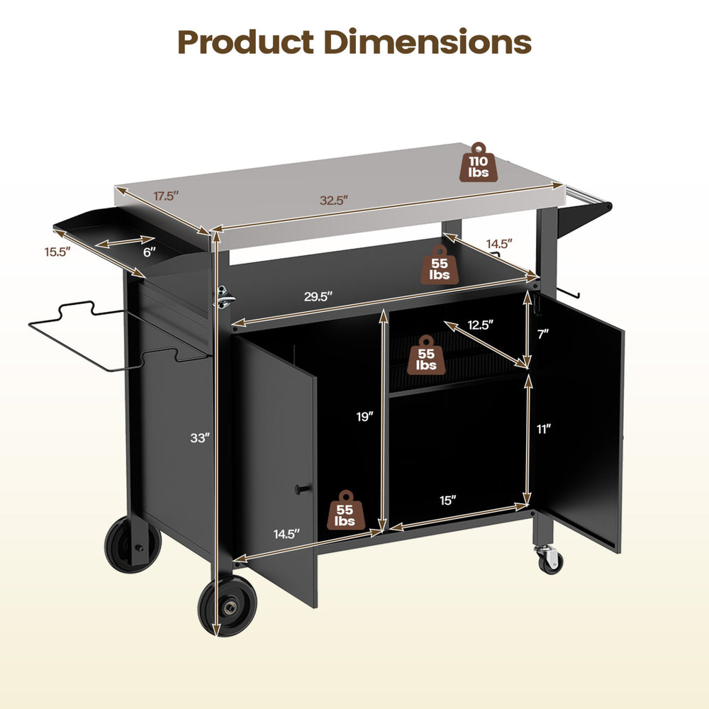 Outdoor grill cart with stainless steel top, featuring a spacious cabinet and ergonomic handle for BBQ camping convenience.
