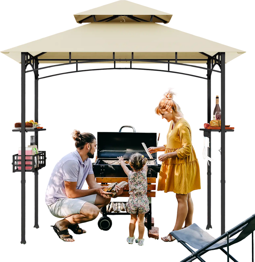 Outdoor grill gazebo with beige canopy, featuring two side shelves and hooks for tool organization, perfect for.
