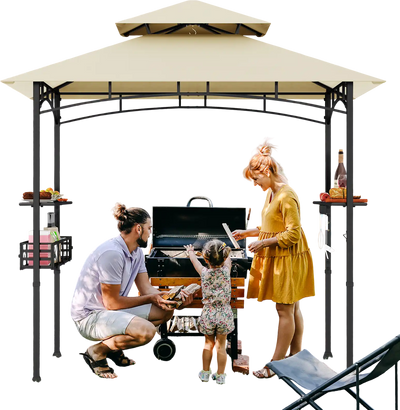 Costway 8' x 5' Outdoor Grill Gazebo w/ 2 Side Shelves & 10 Hooks Beige 54163892 New