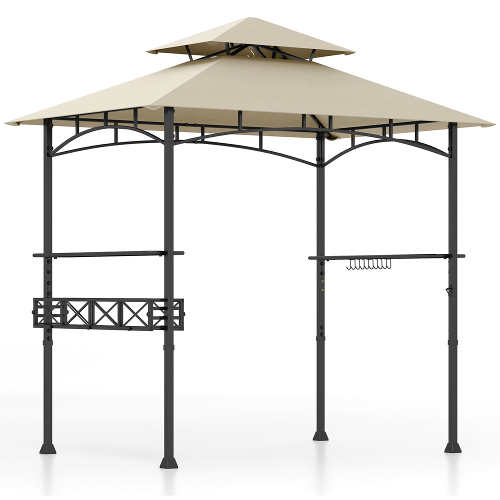 Outdoor grill gazebo with beige 2-tier canopy, 2 side shelves, and 10 hooks for organized grilling tools.