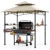 Outdoor grill gazebo with beige canopy, two side shelves, and ten hooks for tool organization and food storage.