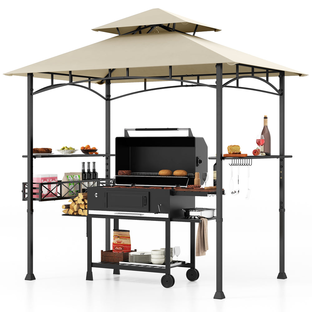 Outdoor grill gazebo with beige canopy, two side shelves, and ten hooks for tool organization and food storage.
