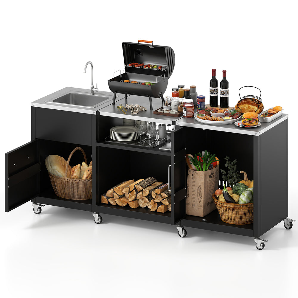 Outdoor grill table with sink, heavy-duty metal construction, and storage, ideal for patio and backyard use.