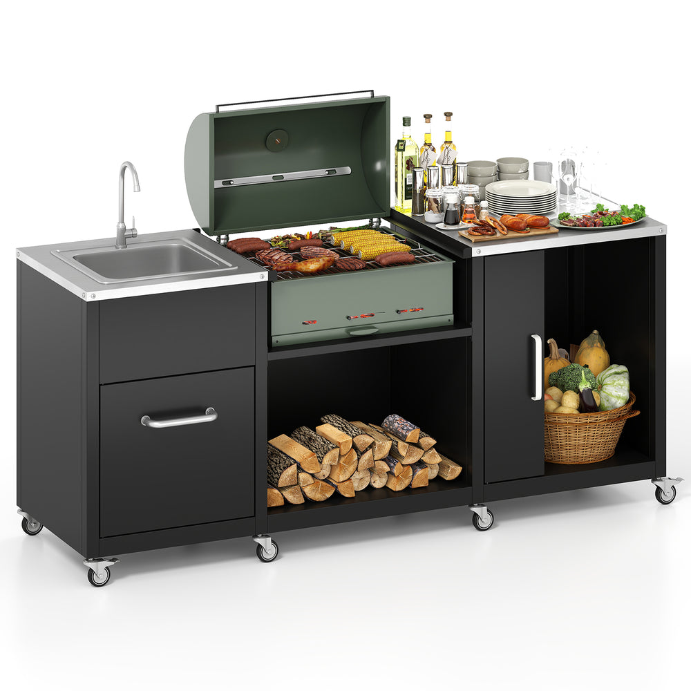 Outdoor grill table with sink, heavy-duty metal construction, and storage, ideal for patio and backyard BBQs.