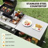 Stainless steel countertop of the outdoor grill table, featuring a sleek design for easy cleaning and durability.