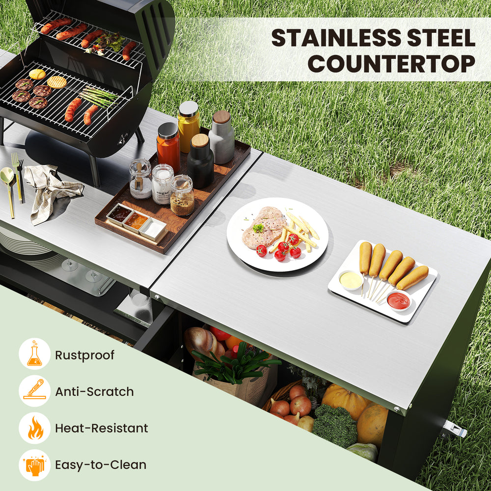 Stainless steel countertop of the outdoor grill table, featuring a sleek design for easy cleaning and durability.