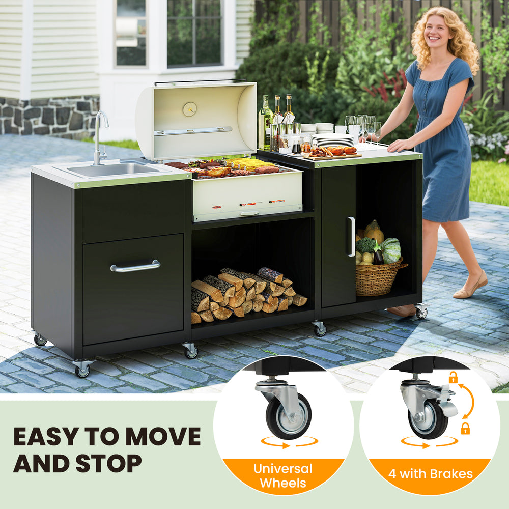 Outdoor grill table with sink and drainage, featuring a stainless steel countertop and 8 universal wheels for easy.