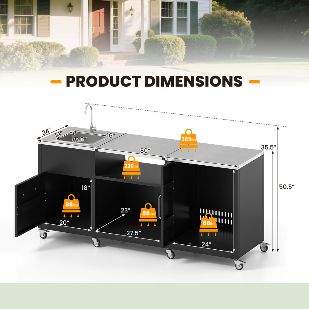 Outdoor grill table with sink dimensions, featuring heavy-duty metal construction and removable middle shelf for BBQ.