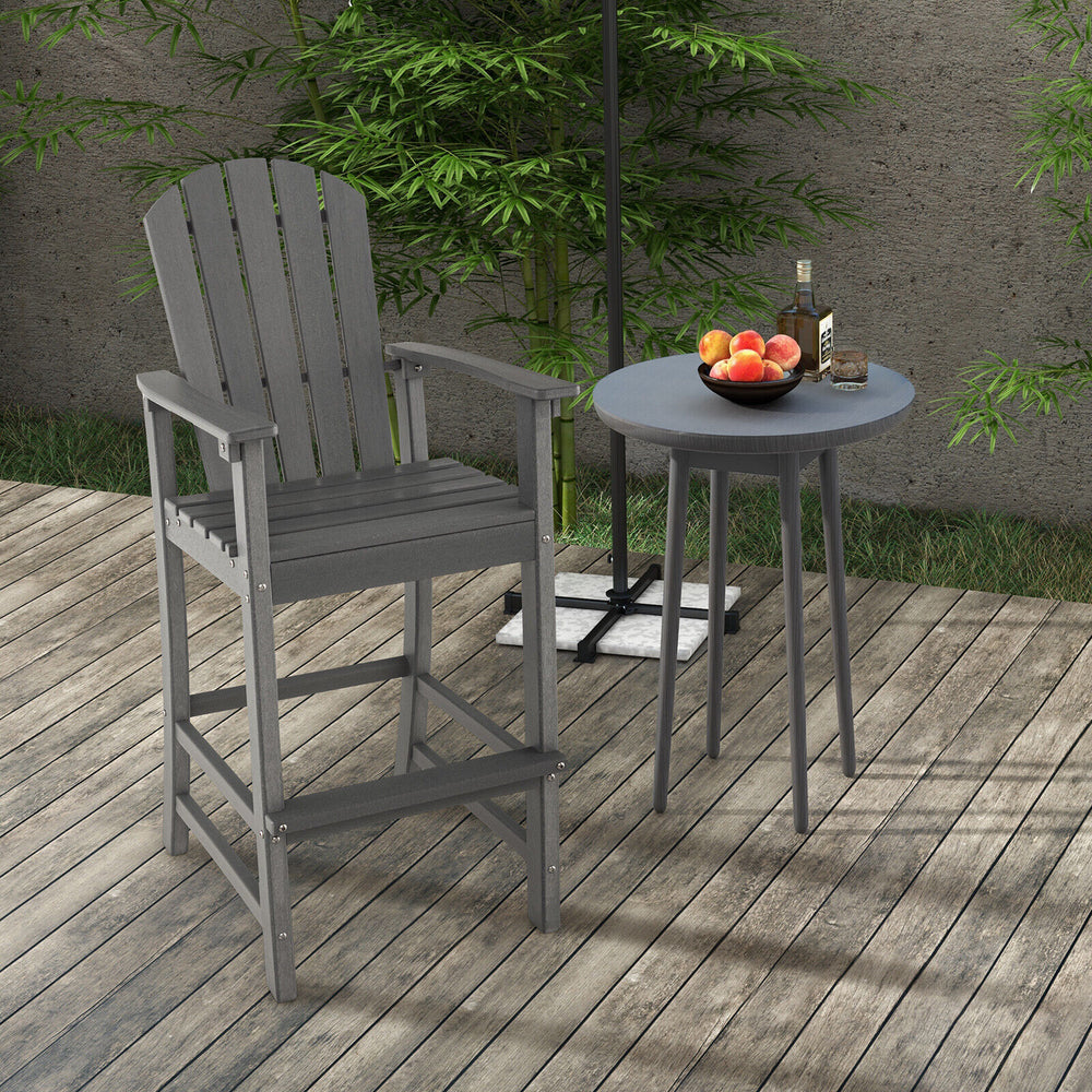 Gray 30-inch outdoor HDPE bar stool with armrests and footrest, perfect for pairing with a tall bar table.