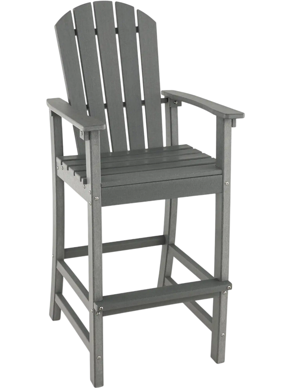 Gray 30-inch outdoor HDPE bar stool with armrests and footrest, featuring a slatted design for breathability.