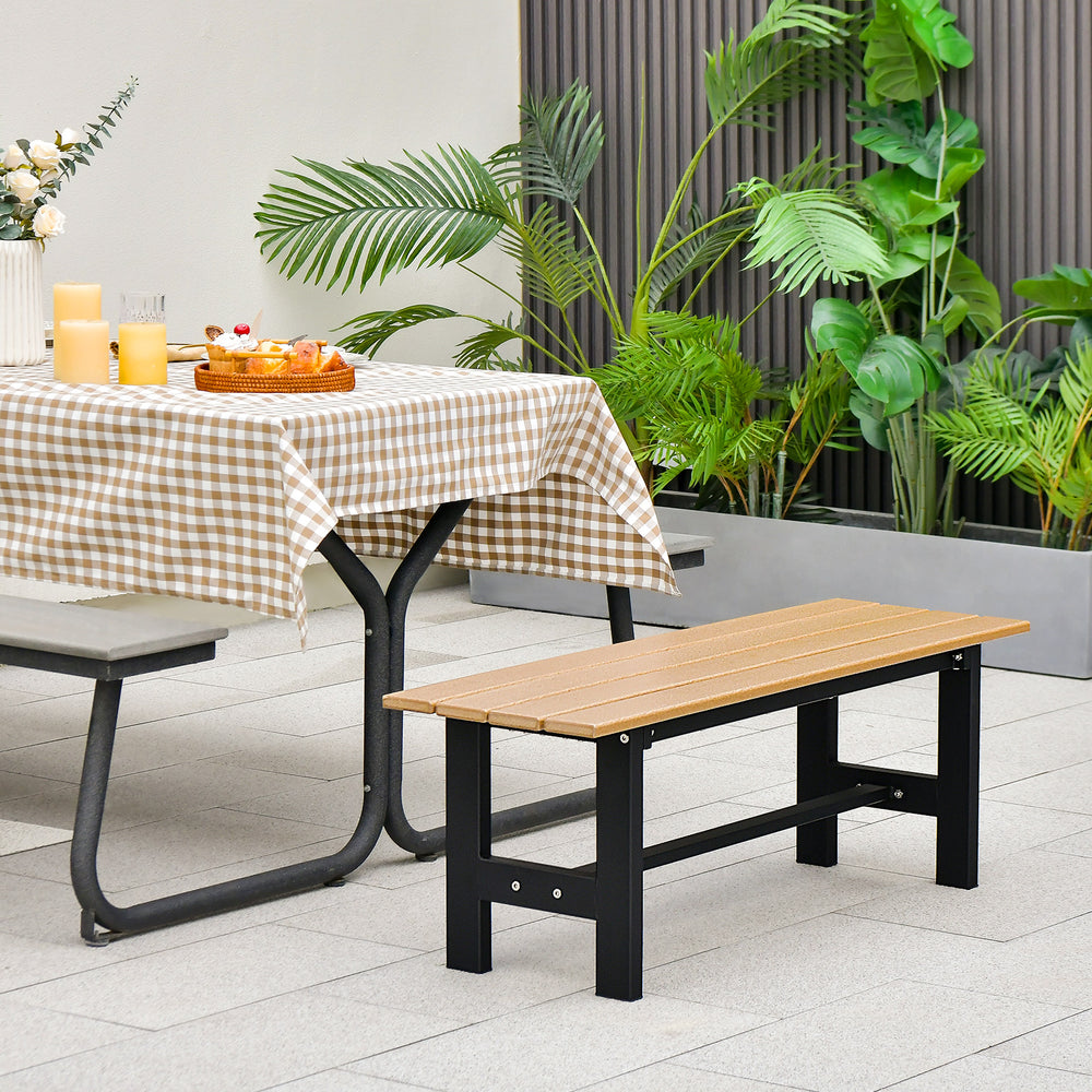 Brown 47-inch outdoor bench with slatted seat and plastic-coated iron frame, perfect for patio or garden seating.