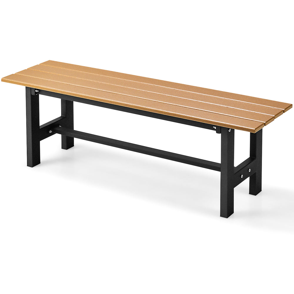 Brown 47-inch outdoor bench with slatted HDPE seat and sturdy iron frame, ideal for patio or garden seating.