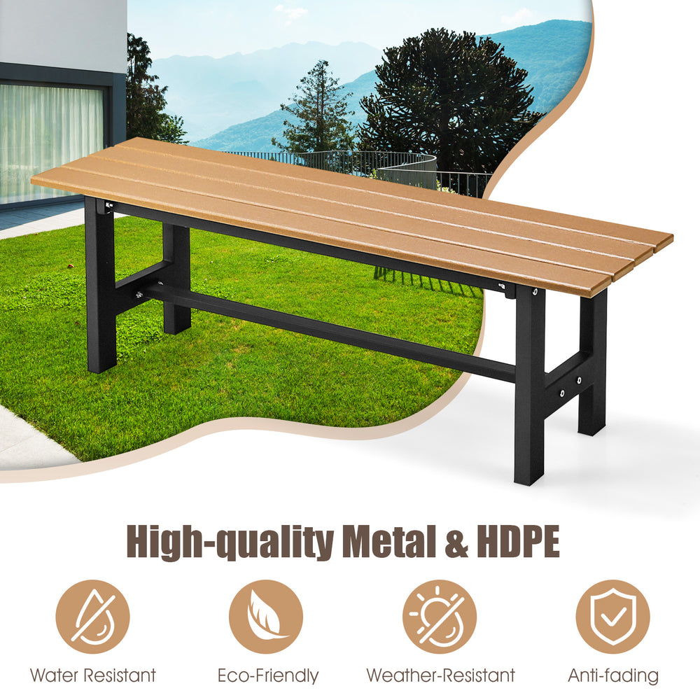 47-inch outdoor bench with slatted HDPE seat and metal frame, perfect for patio or garden seating for two.