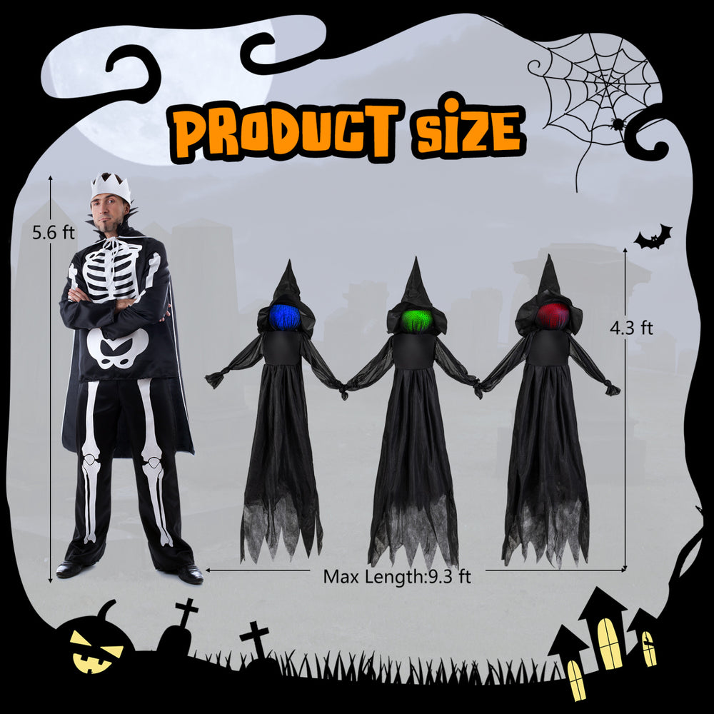 Outdoor Halloween witch decoration with LED lighted faces, featuring a faceless design and wear-resistant fabric for durability.